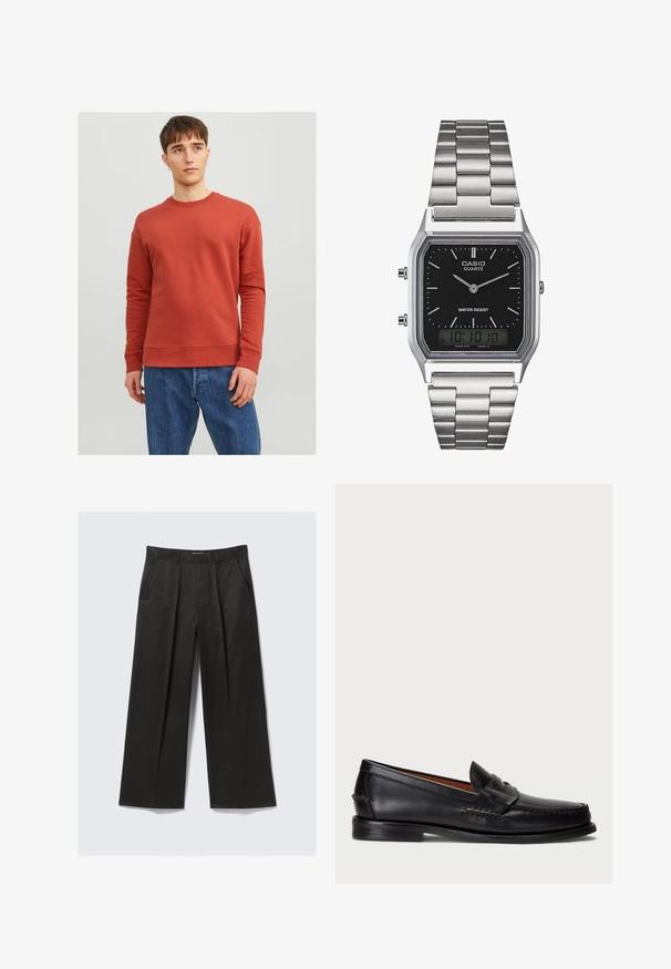 Jack & Jones JJESTAR CREW NECK - Mikina - cinnabar; Černé kalhoty s širokými nohavicemi a hladkým povrchem, které mají dvě přední kapsy a mírně zvýšený pas.; Černé kožené mokasíny s kulatou špičkou, prošívanými detaily a dekorativním páskem přes přední část. Plochá podrážka s minimálním profilem.; Stříbrné nerezové ocelové hodinky s quartzovým strojem a černým obdélníkovým ciferníkem, které mají analogové ručičky, digitální displej a označení voděodolnosti.