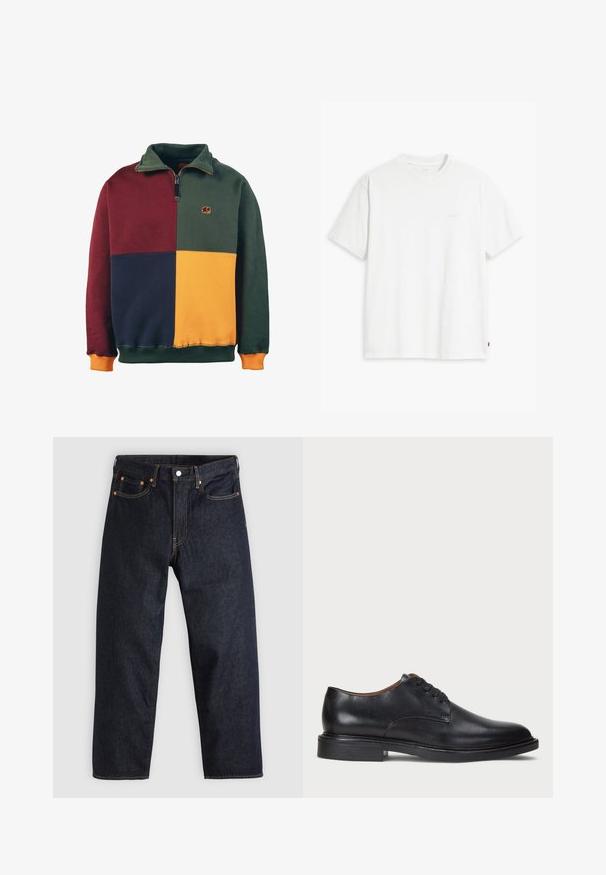 Felpa color block con sezioni verdi, burgundy, blu navy e senape. Design con zip al collo e logo di un elefante sul petto. Tessuto morbido.; T-shirt bianca in cotone con maniche corte, colletto tondo e logo Levi's discreto stampato al centro. Texture morbida e vestibilità standard.; Jeans in denim blu scuro con taglio dritto, cinque tasche, cuciture arancioni a contrasto e chiusura con bottone. Nessun motivo o decorazione visibile.; Scarpa da uomo in pelle nera con punta rotonda, design con lacci e tacco basso impilato. Texture liscia con dettagli di cucitura minimi.