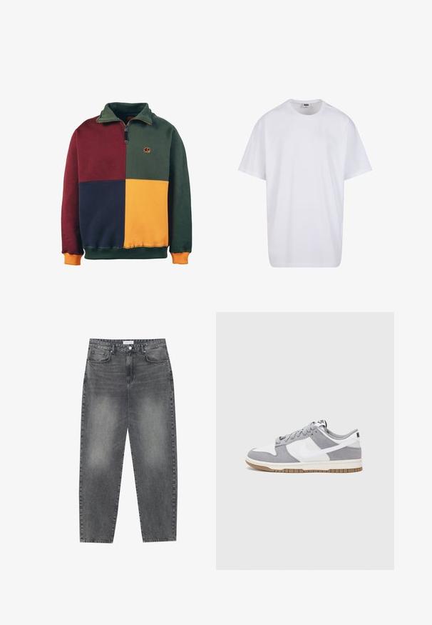 Sweatshirt coloré en blocs présentant des sections vertes, bourgognes, bleu marine et moutarde. Design avec col zippé et logo d'éléphant sur la poitrine. Texture douce.; T-shirt en coton blanc avec des manches courtes, un col rond, une coupe décontractée et sans logos ni motifs visibles. Texture lisse et design minimaliste.; Jean taille haute, décontracté en denim noir délavé. Comprend cinq poches, des passants de ceinture et un design de jambe droite épurée.; Baskets grises et blanches avec un dessus en suède et cuir, bout rond, lacets plats et semelle en caoutchouc avec une touche de gomme.