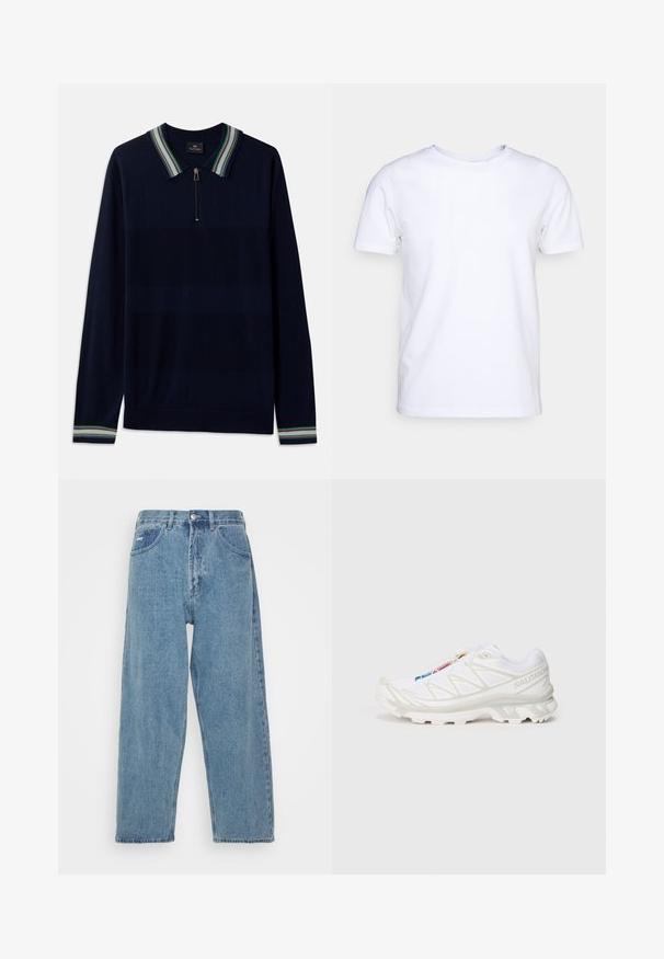 Camisa polo de manga longa azul-marinho com gola de meia-zíper e riscas nas cores verde, branca e roxa. Textura suave de malha.; Camiseta branca de mangas curtas em tecido de algodão com decote redondo. Design simples, sem padrões ou detalhes. Textura suave.; Jeans de denim azul claro com cintura alta e corte relaxado, apresentando dois bolsos frontais, um bolso traseiro com etiqueta e fecho de botão.; Sapatilha atlética branca com parte superior em malha texturada, detalhes refletivos e sola acolchoada. Logótipo da marca destacado na lateral.