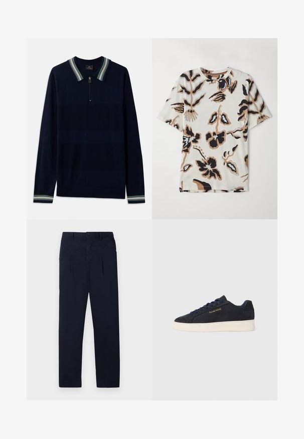 Marineblauwe poloshirt met lange mouwen, voorzien van een halve rits aan de hals en een gestreepte kraag met groene, witte en paarse accenten. Zachte gebreide textuur.; Korte mouwen T-shirt van zachte stof, met een crème achtergrond en abstracte bloemenpatronen in zwart, bruin en lichtblauw.; Marineblauwe broek van lichtgewicht stof met een vlakke voorkant, twee plooien en een standaard knoopsluiting aan de tailleband.; Navyblauwe suède lage sneakers met een witte zool, navy veters en het 'Filling Pieces' logo in goud op de zijkant.