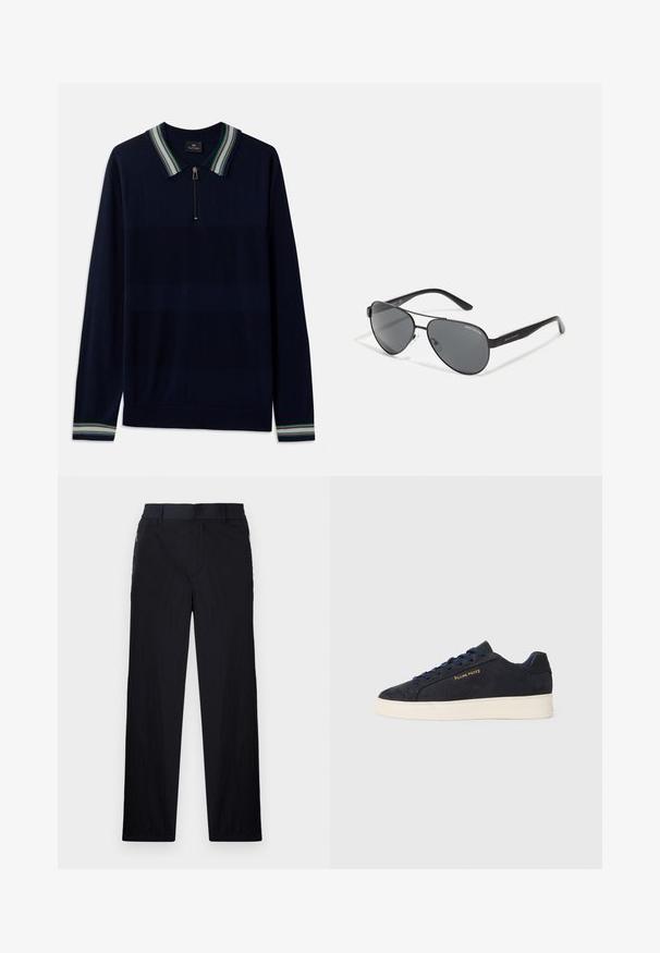 Marineblå langermet polo med halv glidelås og stripet krage med grønne, hvite og lilla detaljer. Myk strikket tekstur.; Sorte bukser med lett og teksturert stoff, rett ben-design, elastisk midjebånd og sidelommer med glidelås.; Marineblå ankelhøyde sneakers i semsket skinn med hvit såle, marineblå snøringer, og "Filling Pieces"-logo i gull på siden.; Svarte pilotbriller med mørke linser, tynn metallramme og slanke plastarmer med logo aksenter.