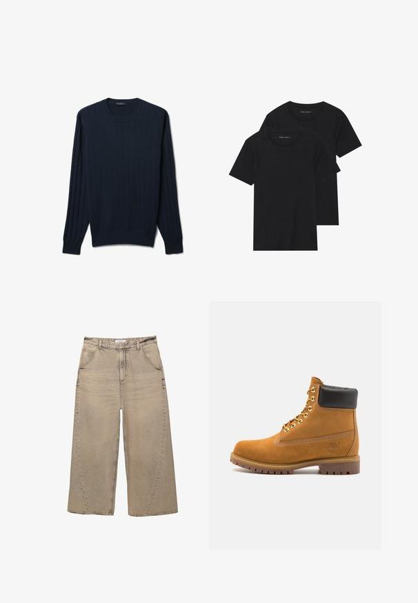 Dunkelblauer Pullover aus glattem Stoff, mit vertikaler Rippstruktur, langen Ärmeln und einem klassischen Rundhalsausschnitt.; Zwei schwarze Baumwoll-T-Shirts mit kurzen Ärmeln, runden Ausschnitten und einer glatten Textur, übereinander gestapelt.; PULL&BEAR MEGA BAGGY - Baggy Jeans - light grey; Beige Wildleder-Ankle-Boot mit schwarzem gepolstertem Kragen, goldenen Metallösen, weißen Nähdetalben und einer robusten Gummisohle mit ausgeprägtem Profil.