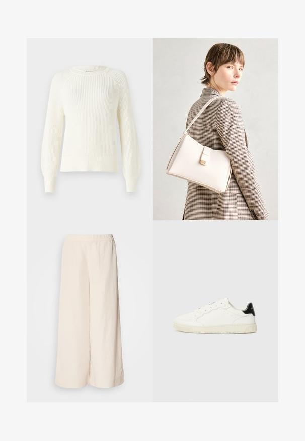 Strikkegenser i off-white med rund hals, lange raglanermer, ribbede mansjetter og kant, med en teksturert stoffmønster.; Kremfargede vide bukser med elastisk midje, med avslappet passform og glatt tekstur, egnet for hverdagsbruk.; Hvite skinnsneakers med runde tær, snøring foran, perforerte detaljer og svart hæl. Teksturert gummisåle.; Hvit lær veske med en strukturert design, med magnetlås og skulderstropp, vist mot en nøytral bakgrunn.