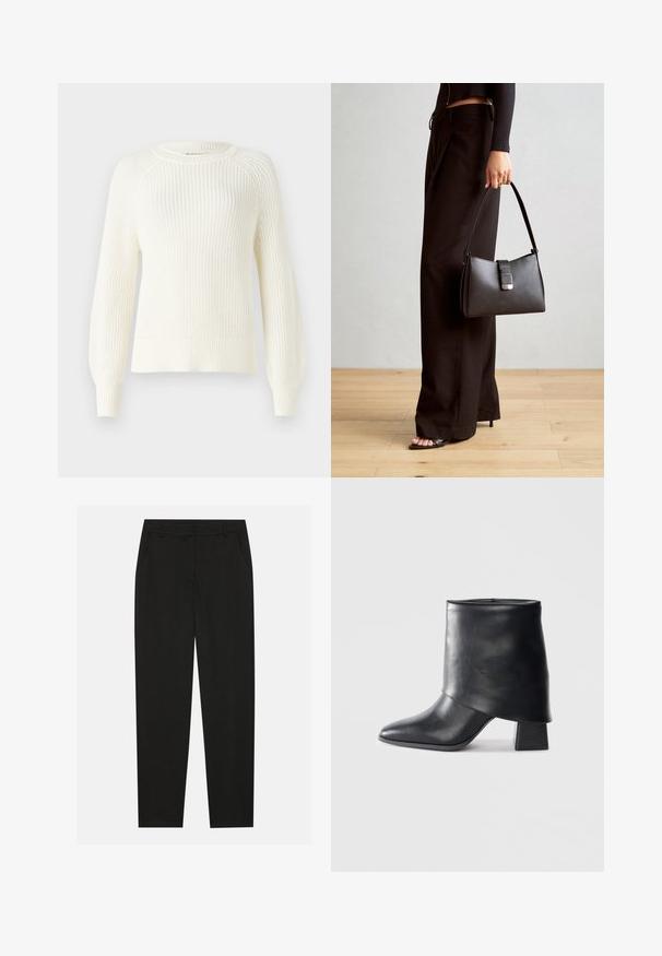 Megztinis off-white spalvos, su apvaliu kaklu, ilgomis raglan rankovėmis, briaunotais rankogaliais ir apvadu, su tekstūrine audinio raštine.; Juodos kelnes su pritaikytu dizainu, turinčios šonines kišenes ir tiesią koją. Pagamintos iš lygaus, lengvo audinio su blizgiu paviršiumi.; Juodos odinės kulkšnės botai su smailiu pirštu, lygiu paviršiumi ir standžiu blokiniu kulnu. Ypatybė - aukštas, sulankstytas užkulnis.; Juodas rankinė struktūrizuota forma, lygi tekstūra ir metalinis užsegimas. Suporuota su plačiomis juodomis kelnėmis ir atvirais bateliais ant medinių grindų.