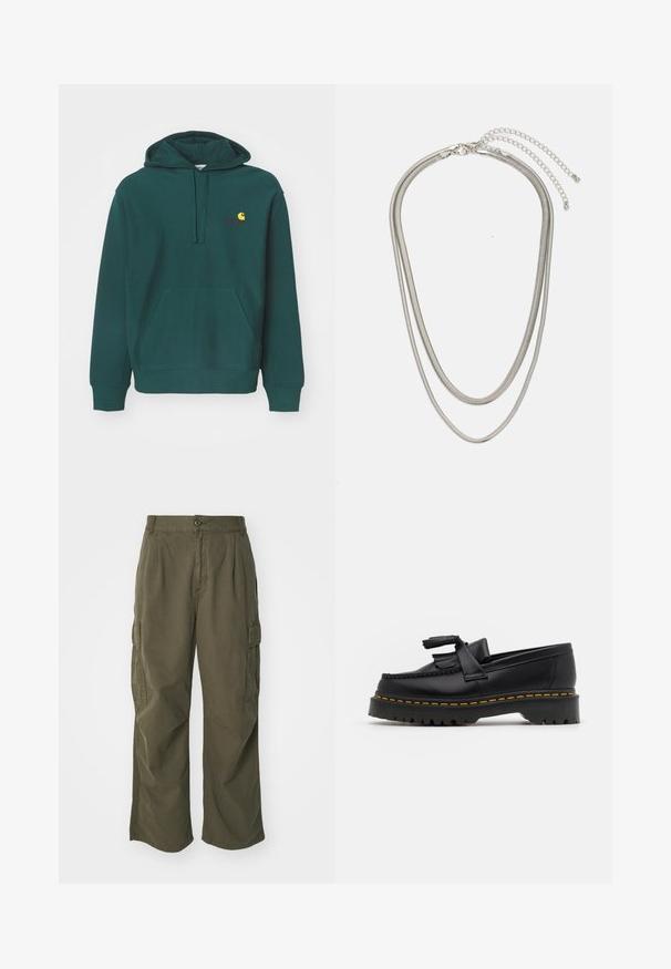 Felpa verde in misto cotone, con tasca frontale, cappuccio regolabile con lacci e logo ricamato in giallo e rosso sul petto.; Pantaloni cargo in verde oliva, realizzati in cotone, con un design a gamba larga, pieghe e tasche laterali per utilità.; Mocassino in pelle nera con un'accento a frange, dotato di una suola nera spessa e cuciture gialle lungo il bordo. Finitura testurizzata.; Collana in metallo argentato a tre strati caratterizzata da catene sottili e flessibili con una leggera lucentezza, fissata con un gancio a molla e una catena regolabile.