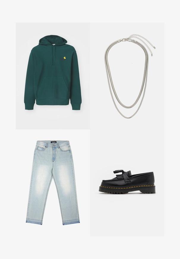 Zielona bluza z kapturem wykonana z mieszanki bawełny, z przednią kieszenią, regulowanym kapturem i haftowanym logo w kolorze żółtym i czerwonym na piersi.; Pegador BARROW bleached denim; Czarny skórzany mokasyn z frędzelkowymi akcentami, z masywną czarną podeszwą i żółtym przeszyciem wzdłuż krawędzi. Teksturowane wykończenie.; Trójwarstwowy naszyjnik ze srebrnego metalu z eleganckimi, elastycznymi łańcuszkami o delikatnym połysku, zapinany na karabińczyk i regulowany.