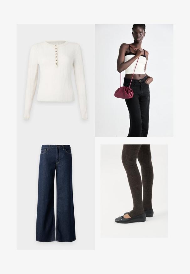 Long-sleeve cream sweater with ribbed texture, featuring a round neck and seven decorative buttons down the front.; Wide-leg jeans in dark blue denim. Features contrast stitching, five pockets, and a button closure at the waist. Smooth texture.; Black flat shoes with a small bow detail at the toe, paired with dark brown ribbed tights. Shoes have a smooth texture and low profile.; Burgundy soft fabric handbag with a gathered design and a long strap, worn crossbody. Model wears a white crop top and black jeans.