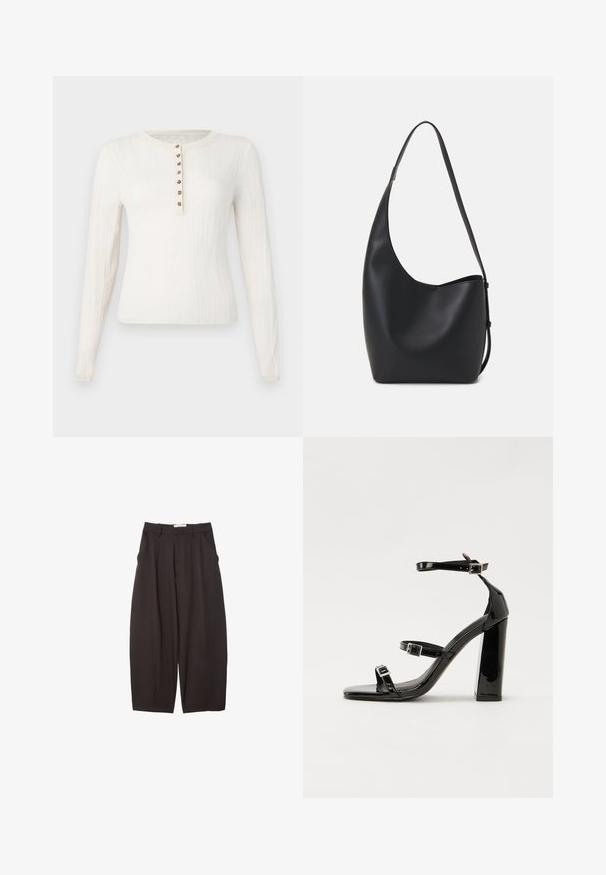 Kermanneulepaita, jossa on pitkät hihat ja ribbitekstuuri. Siinä on pyöreä kaula-aukko ja seitsemän koristepainiketta edessä.; Mustat leveälahkeiset housut, jotka on valmistettu sileästä kankaasta. Niissä on korkea vyötärö, etupleatsit ja sivutaskut. Yksinkertainen muotoilu ilman koristeita.; Musta kiiltävä korkokenkä sandaalit neliönmuotoisella varpaalla, nilkkaremmillä ja hopeisilla soljilla. Varustettu tukevalla lohkokorkealla vakauden takaamiseksi.; Musta nahkainen hobo-laukku, jossa on sileä pinta, kaareva muoto ja yksi säädettävä olkahihna; sisäänkäynti on leveä ylhäältä.