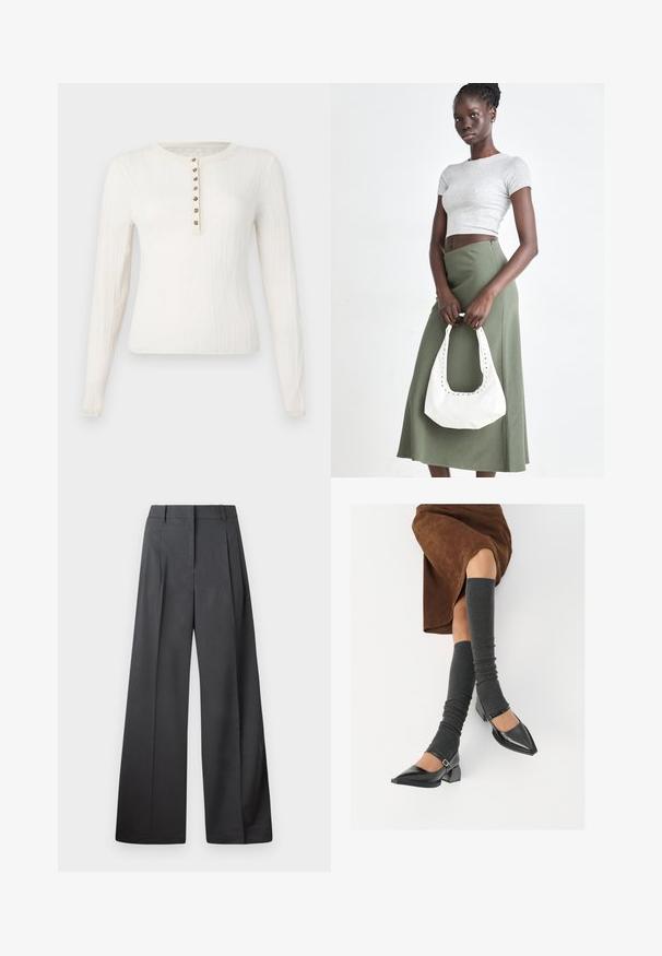 Langermet kremfarget genser med ribbet tekstur, med rund hals og syv dekorative knapper nedover foran.; Vide bukser i mørkegrått stoff med høy livlinje, enkel press, og en glatt tekstur med en ren finish på ermekantene.; Sorte lakkpumps med spiss tå, blokkhel, og ankelstropp, kombinert med grå ribbestrikkede beinvarmere og et brunt semsket skinn skjørt.; Grå ribbet topp og olivengrønn høy midje skjørt. Modellen holder en hvit skulderveske med utskjæringsdetaljer. Enkelt design, tettsittende silhuett.