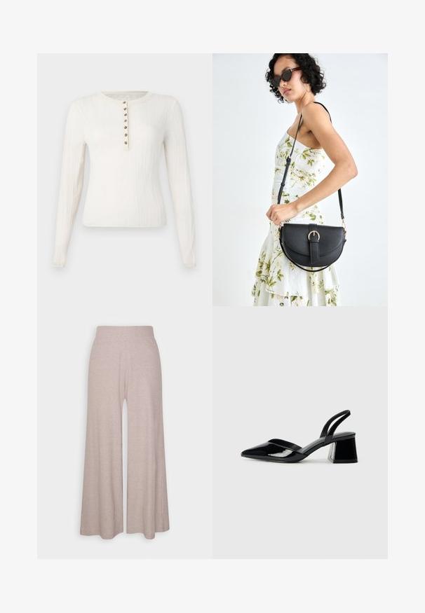 Langärmliger cremfarbener Pullover mit gerippter Textur, runder Ausschnitt und sieben dekorativen Knöpfen auf der Vorderseite.; Hellgraue, weit geschnittene Hose aus weichem, geripptem Stoff, mit hohem Bund und langen Beinen, die eine subtile Textur aufweisen.; Schwarze Lackleder-Slingback-High Heels mit spitzem Schuh und einem geometrischen Blockabsatz. Verfügt über ein schlankes, minimalistisches Design und eine glatte Textur.; Schwarze Lederhandtasche mit geschwungener Form, abnehmbarem Tragegurt und goldenen Beschlägen. Die Tasche verfügt über einen Deckel mit einer Schnallen-Details.