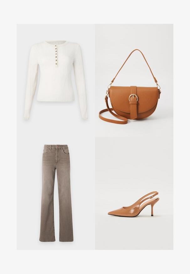Hosszú ujjú krémszínű pulóver bordázott textúrával, kerek nyakkal és hét dekoratív gombbal az elején.; Barna, magas derekú, egyenes szárú farmernadrág elülső gombbal, övhurkokkal és klasszikus öt zsebes kialakítással, fehér háttér előtt.; Fingerszűk, hegyes orrú, háttámlás sarokcipő sima, fényes barnás anyagból. Íves kivágású dizájn és karcsú stiletto sarkú. Ezüst csattal ellátva.; Barna bőr keresztbody táska ívelt formával, aranyszínű fémrészekkel és csat díszítéssel. Levehető vállpánttal rendelkezik.
