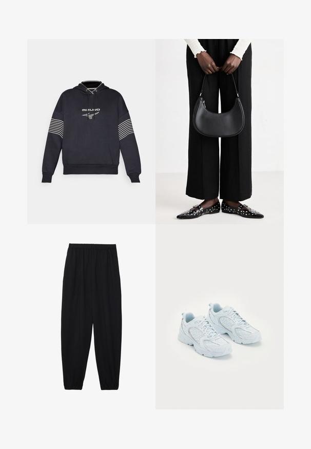 Mørk marineblå hettegenser laget av en bomullsblanding, med et frontlogo og hvite horisontale striper på ermene. Vanlig passform og justerbar snor i hetta.; Svarte, lette bukser med elastisk liv og rynkede ankler. Stoffet er glatt og har en avslappet, innsvingt design.; Lyseblå treningssko med overdel av mesh og syntetisk materiale, med hvite prikker og reflekterende detaljer, snøring og polstrede såler.; Svart skinn skulderveske med en avrundet form, glanset overflate og sølvfargede detaljer. Person iført sorte vide bukser og naglede loafers.