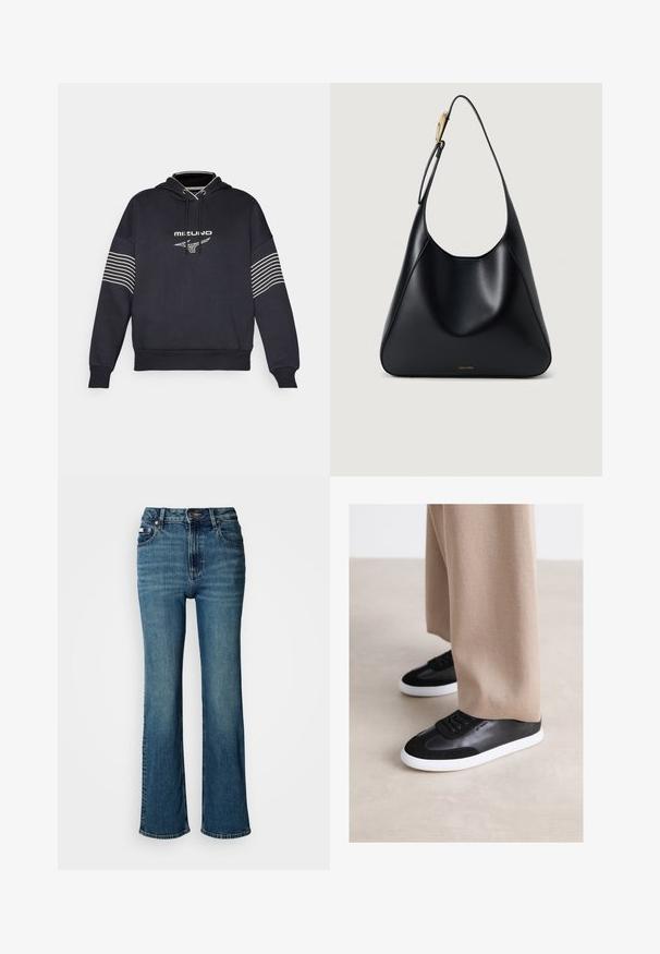 Dark navy hoodie made of cotton blend, featuring a front logo and white horizontal stripes on the sleeves. Regular fit and adjustable drawstring hood.; High-waisted blue jeans made of denim, featuring a straight leg design, subtle fading, and a standard button and zipper closure.; Black leather sneakers with suede accents, featuring a white rubber sole and black laces. Paired with beige wide-legged pants.; Black leather shoulder bag with a smooth texture, curved silhouette, and a gold hardware accent. Features embossed brand logo at the base.