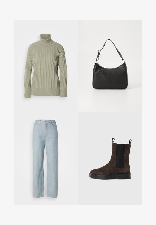 Lys grøn turtleneck sweater lavet af ribbet strikket stof. Drop-skulder design, minimale sømdetaljer og lange ærmer.; Lysblå straight-leg jeans lavet af denim. Har fem lommer, en metal knaplukning og subtile slidser for tekstur.; Brune ruskindsankelstøvle med elastiske sidepaneler og trækstropper. Har en rund tå og chunky sort hæl for stabilitet.; Sort læderhåndtaske med en buet form, en enkelt rem, lynlås lukning og diskret branding på forsiden. Glat tekstur, minimalistisk design.