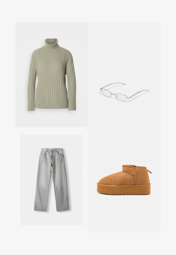 Light green turtleneck sweater made of ribbed knit fabric. Drop shoulder design, minimal seam detailing, and long sleeves.; Light gray denim jeans with a straight-leg design, featuring two front pockets, a button closure, and subtle fading for texture.; Brown suede ankle boots with a rounded toe, low-cut design, and a textured rubber sole featuring a slight platform and pull tab.; Oval glasses with a metallic silver frame, clear lenses, and textured beaded temple accents. Lightweight design with curved arms.; Hobo bag in soft beige suede with a slouchy shape, wide shoulder strap, and a hand-stitched seam detail along the front.