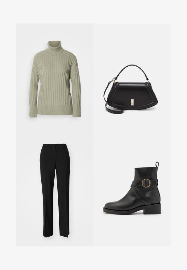 Pull à col roulé vert clair en tissu côtelé. Design à épaules tombantes, détails de couture minimalistes et manches longues.; Pantalon noir ajusté avec une coupe droite, présentant une texture lisse et des plis nets sur le devant. Aucune quincaillerie visible.; BOSS IRYNA BOOTIE - Bottines à plateau - black; Sac à main en cuir noir avec un design structuré, featuring une forme cropped, une poignée supérieure et des accents en matériel doré. Bandoulière réglable incluse.