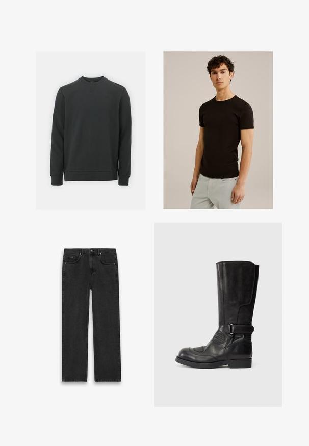 Felpa nera in misto cotone, con collo rotondo, maniche lunghe e un logo discreto sul petto. Tessuto morbido.; T-shirt nero a maniche corte con scollatura rotonda, realizzato in un tessuto morbido ed elastico. La vestibilità è slim, progettata per aderire al corpo.; Jeans in denim nero con taglio dritto, caratterizzati da cinque tasche, una chiusura a bottoni e leggera scoloritura. Tessuto testurizzato e dettagli di cucitura minimi.; Stivale in pelle nera alto fino al ginocchio con punta arrotondata, cuciture a contrasto, dettaglio con fibbia laterale e accenti testurizzati sulla parte esterna.
