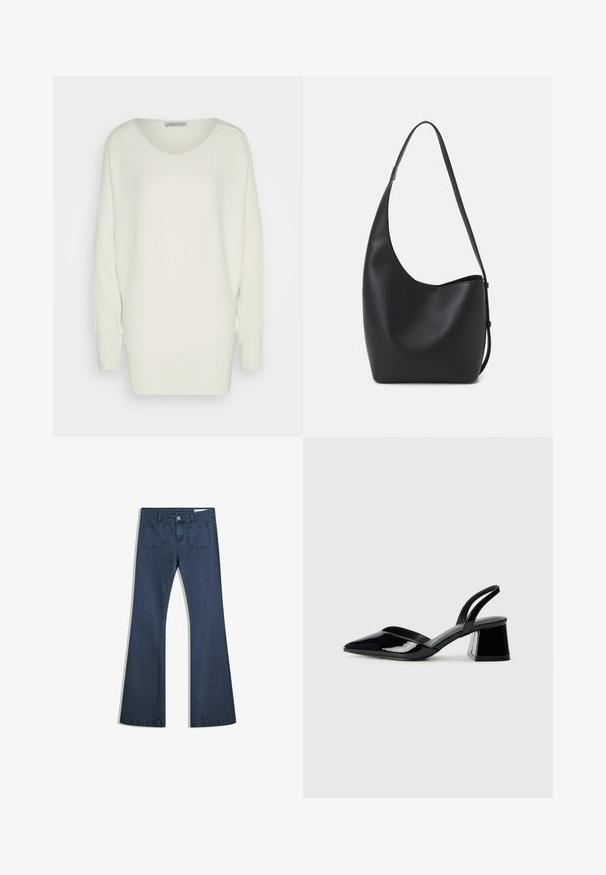 Oversized white sweater in ribbed knit fabric, features a wide neckline, dropped shoulders, and long sleeves with fitted cuffs.; Dark blue flared denim jeans with stitched pockets, a button closure, and a smooth texture. Features a classic five-pocket design.; Black patent leather slingback heels with a pointed toe and a geometric block heel. Features a sleek, minimal design and smooth texture.; Black leather hobo bag with a smooth texture, curved shape, and single adjustable strap; features a wide opening at the top.
