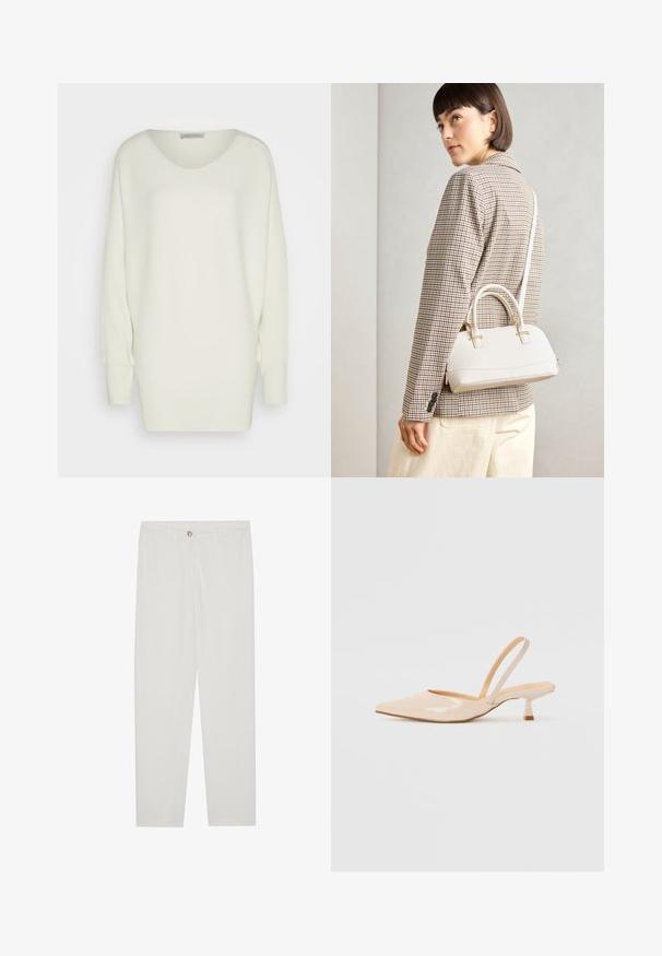 Sweater branco oversized em malha canelada, apresenta um decote amplo, ombros caídos e mangas longas com punhos ajustados.; Calças brancas, ajustadas, com um design de perna reta, apresentando um fecho de botão, passantes para cinto e bolsos laterais; textura de tecido suave.; Saltos slingback em couro sintético bege com bico apontado e um salto quadrado fino. Textura suave e design minimalista sem embellishments.; Bolsa estruturada branca com alças curtas e uma alça de ombro, com detalhes em hardware dourado e material texturizado, exibida contra um fundo cinza.
