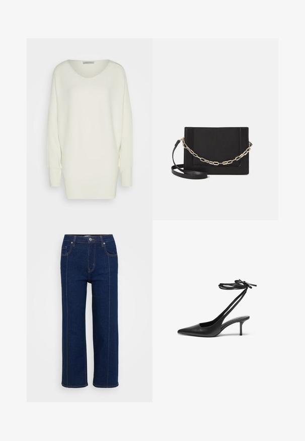Prevelik bijeli pulover od rebrastog pletiva, s širokim izrezom, spuštenim ramenima i dugim rukavima s uskim manžetama.; Tamno plave traperice ravnog kroja s kopčanjem na gumbe, prednjim i stražnjim džepovima te vidljivim narančastim šavovima duž šavova.; Crne kožne štikle s šiljastim vrhom, otvorenim leđima i remenčićima koji su vezani u mašnu. Tanak potplat visine 7,5 cm. Glatka tekstura, minimalistički dizajn.; Crna kožna torba preko tijela s glatkom teksturom, pravokutnim oblikom i metalnim lancem na prednjoj strani. Uključena je podesiva naramenica.
