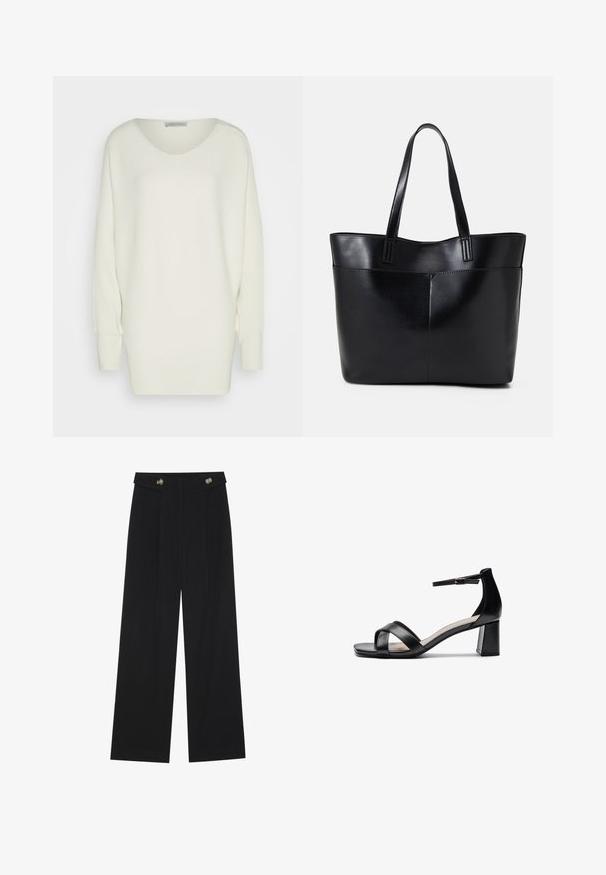 Pārmērīgi liels balts džemperis, izgatavots no ribota trikotāžas auduma, ar plašu dekoltē, nokareniem pleciem un garām piedurknēm ar pieguļošiem manžetēm.; Melnas platās bikses ar augstu jostasvietu, pogu detaļām uz jostas un priekšējām krokām.; Melnas atvērtās pirkstgala augstpapēžu čības ar krusteniskām siksnām, regulējamu potītes siksnu un masīlu papēdi, ar gludu ādas virsmu.; Melnas ādas iepirkumu soma ar divām garām rokturām, gludu tekstūru un strukturētu formu. Iekļauj priekšējo kabatu papildu uzglabāšanai.