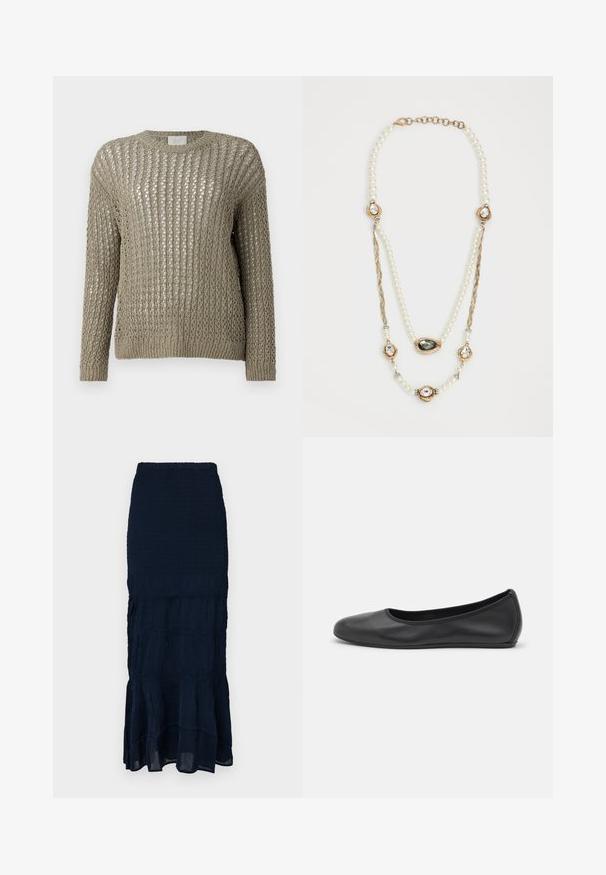 Kerge, kudumisega sviiter hallikasoliivikas värvitoonis. Omab lahtist, avatud kudumist ning pikki varrukaid koos ribatud äärega.; Tumesinine, kubemega midi seelik, millel on kihiline, voltidega äär ja tekstureeritud kangas. Elastne vöökoht reguleeritava istuvuse jaoks.; Musthave mustika tantsutossud mustast nahast, ümmarguse varbaga, siledast tekstuurist, minimaalse õmblusdetailiga ja paindliku tallakujundusega.; Teemantidega kaunistatud pärlikee, millel on kuldsed aktsendid, kolm kivi-dekoratsiooniga posti ja kudumisega osa. Värvipalett sisaldab valget ja kuldset.