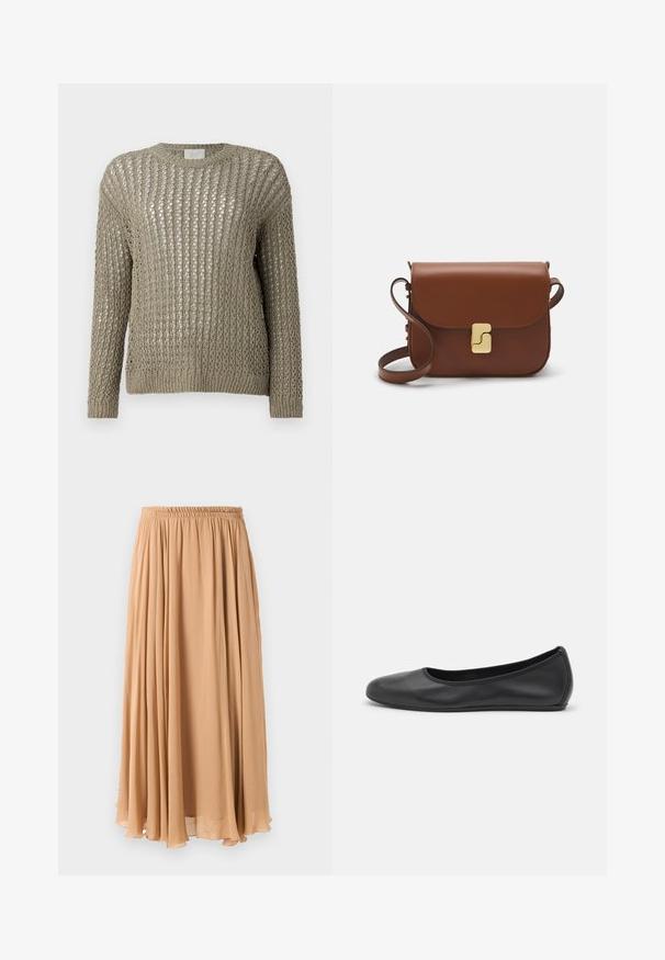 Kevyt, neulepusero hillityn oliivinvihreänä. Siinä on löysä, avoin kudonta ja pitkät hihat, joissa on ribbireuna.; Maxihame vaaleanbeigeä, valmistettu ilmavasta kankaasta. Siinä on kokoontuva joustavyötärö ja pehmeät poimut liikkumista varten.; Musta nahkainen ballerina, jossa on pyöristetty kärki, sileä pinta, minimaalinen ommelkoristelu ja joustava pohjamuotoilu.; Ruskea nahkainen käsilaukku, jossa on läppäkiinnitys, kultasävyiset yksityiskohdat, olkahihna ja sileä pinta. Kompaktin suorakaiteen muotoinen.