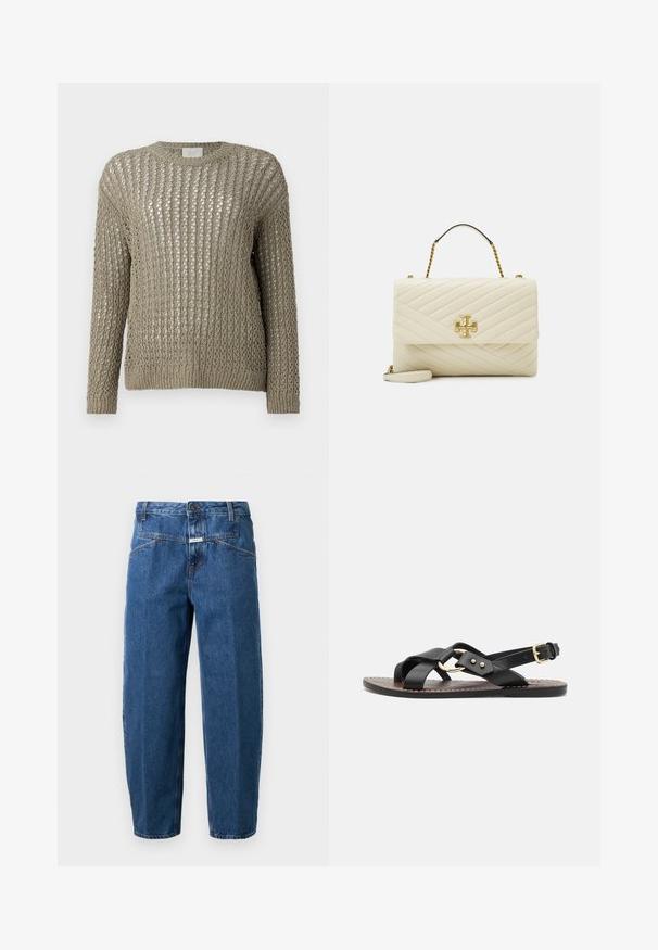 Lätt, stickad tröja i en dämpad olivgrön färg. Funktioner en lös, öppen väv och långa ärmar med ribbad nederkant.; Jeans i mörkblå denim med avslappnad passform, femficksdesign, stickade sömmar och knäppning i midjan.; Svart lädersandal med korsade remmar och en guldfärgad cirkulär detalj. Platt sula med spänne vid ankeln.; Quiltad krämfärgad handväska med en guldig loggoint, som har ett handtag ovanpå och en avtagbar axelrem, fodrad med en slät textur.