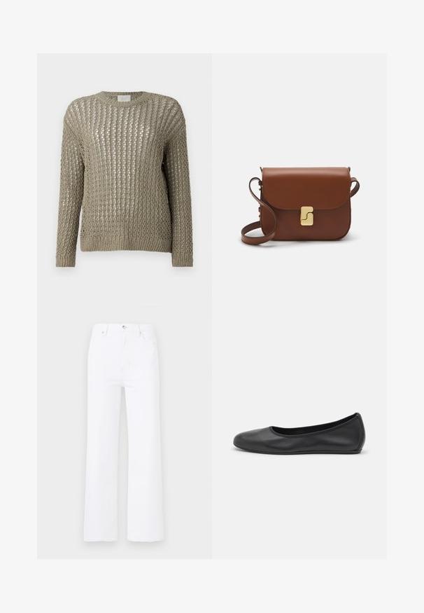 Könnyű, kötött pulóver tompa olajzöld színben. Jellemzője a laza, nyitott szövés és a hosszú ujjú, bordás szegély.; Fehér farmernadrág magas derékkal és széles lábbal. Elől zsebekkel, gombos záródással és finom varrási részletekkel rendelkezik.; Fekete bőr balettcipő lekerekített orral, sima tekstúrával, minimális varrással és rugalmas talp kialakítással.; Barna bőr kézitáska, hajtókás zárással, arany színű fém kiegészítőkkel, vállpánttal és sima felülettel. Kompakt téglalap alakú.
