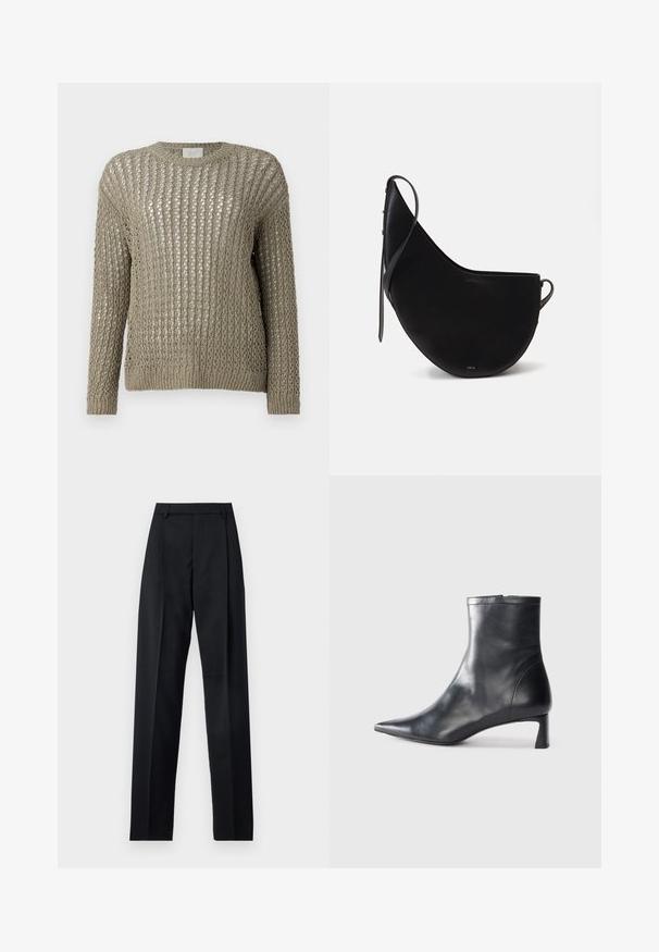 Pulover ușor, tricotat, de culoare verde olive atent estompat. Are o țesătură deschisă și largă și mâneci lungi cu tiv mai elastic.; Pantaloni negri dintr-un material neted, cu talie înaltă, picioare largi, pliuri frontale și loop-uri clasice pentru curea. Fără buzunare laterale vizibile.; Cizmă de gleznă din piele neagră cu vârf ascuțit și un design elegant. Dispune de un toc mic și de o închidere cu fermoar la spate. Textură netedă.; Geantă din piele neagră cu o formă curbată de lună, având o curea subțire și un branding subtil aurit pe față. Textură netedă cu hardware minimal.