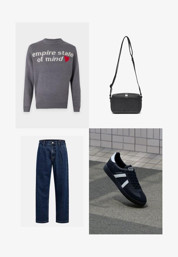 Grijze gebreide trui met de tekst "empire state of mind" in witte letters en een rode hartaccent. Ronde hals en geribbelde zoom en manchetten.; Donkerblauwe denim jeans met een rechtlopende pasvorm. Beschikt over zichtbare stiksels, een knoopsluiting en voorste plooien voor extra detail.; Zwarte leren sneaker met witte strepen, een gestructureerde rubberen zool en vetersluiting aan de voorkant. Voorzien van een merklabel op de tong.; Zwarte leren schoudertas met een ritssluiting, reliëflogo aan de voorkant en een verstelbare schouderriem. Gladde textuur met een rechthoekige vorm.