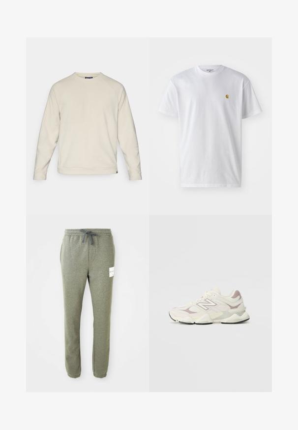 Svijetlosmeđi dukserica s okruglim izrezom, raglan rukavima i teksturiranom tkaninom. Donji rub je malo skraćen s logotipom sa strane.; Bijela pamučna majica kratkih rukava s okruglim izrezom, sa malim zlatnim logotipom na lijevoj strani prsnog koša. Mekana tekstura i standardni kroj.; Sive tamne hlače sa sužavanjem, elastičnim pojasom, žicom, bočnim džepovima, manžetama na gležnjevima i malom bijelom oznakom branda na desnom bedru.; Bijele i svijetlosive atletske tenisice s mrežastim i sintetičkim gornjim dijelom, podstavljenim okovratnikom, teksturiranim akcentima i debelim gumenim potplatom.