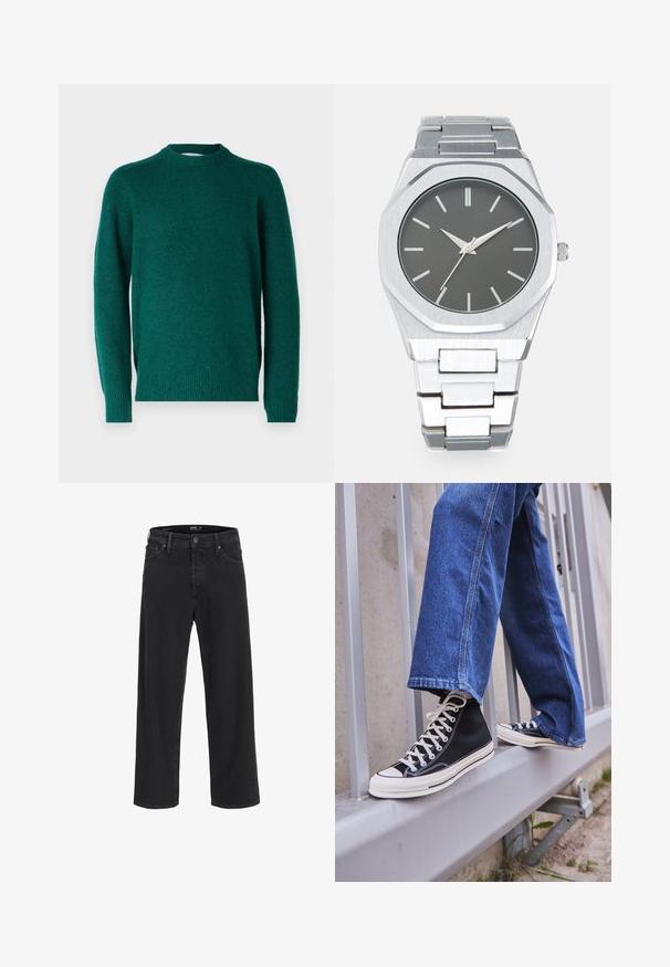 Teal ullblandningströja med rund hals, långa ärmar och ribbade muddar och nederkant, med en texturerad yta. Inga synliga mönster eller metalldelar.; Svarta raka denimjeans med knäppning och dragkedja, bältesöglor samt fram- och bakfickor.; Svarta högskurna sneakers med vit sula och snören, tillsammans med lösa blå jeans, vilande på ett grått räcke.; Silverfärgad analog klocka med en oktagonal klocka, grå urtavla, silverfärgade timmarkörer och ett armband i rostfritt stål med länkar. Minimalistisk design med mjuk struktur.