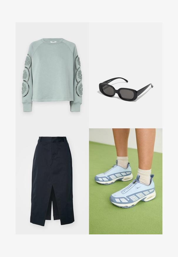 Object OBJDORINA - Felpa - slate; Gonna midi blu navy in tessuto misto cotone, con spacco anteriore, zip nascosta e tasche laterali per funzionalità.; Scarpe da ginnastica azzurro chiaro con dettagli bianchi, pannelli testurizzati e chiusura con zip. Presentano una suola con imbottitura ad aria visibile e una suola in gomma.; Occhiali da sole neri rettangolari con lenti scure. Montatura in plastica spessa, texture liscia e bordi arrotondati. Le tempie eleganti si estendono verso l'esterno.