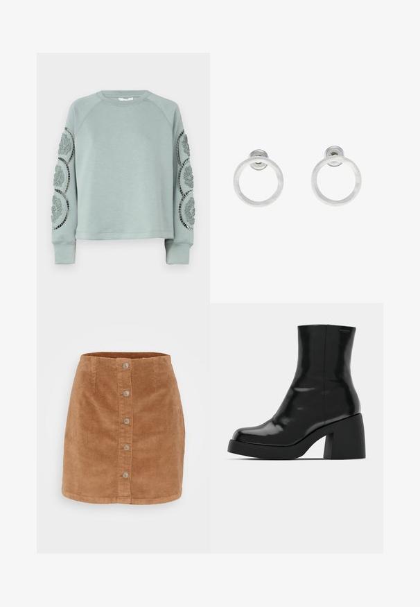 Object OBJDORINA - Sudadera - slate; Falda mini de pana en marrón claro con cierre de botones en el frente, siete botones de tono plateado y una tela texturizada y acanalada.; Botas de tobillo negras con un acabado brillante, punta cuadrada y un tacón grueso en bloque. El diseño presenta una silueta sin costuras y un minimalismo en la marca.; Pendientes de aro de metal plateado con una textura cepillada, que presentan un diseño circular y un respaldo transparente para un uso seguro.