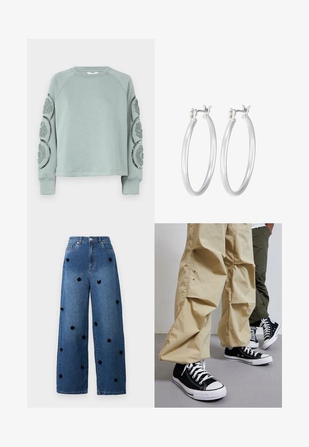 Object OBJDORINA - Sweatshirt - slate; Vit ribbad linne med rund halsringning och ärmlös design, med en rak nederkant och en smidig, elastisk textur.; Vida jeans i blå denim med vida ben och svarta blommor påsydda utspritt över tyget. Har hög midja och klassisk femfickasdesign.; Svarta hög top sneakers i kanvas med vita gummisulor, kombinerat med ljusbeiga lösa byxor med sidofickor och avslappnad passform.; Silverfärgade hoopörhängen med en slät, polerad yta. Rund form och säker klickstängning. Lättviktig design som passar för vardagligt bruk.