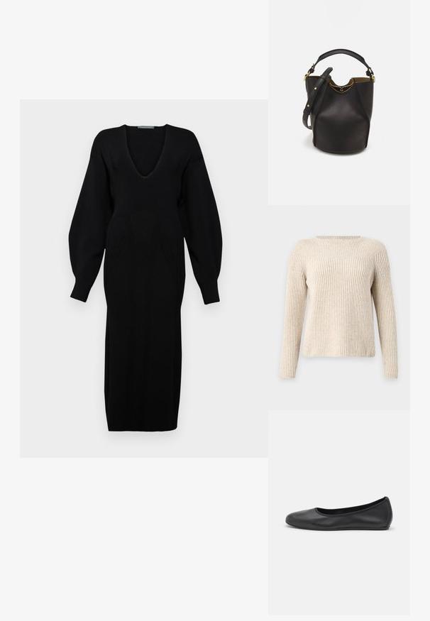 Max Mara Leisure SAVONA - Svetr - beige; Černé pletené šaty s hlubokým výstřihem do V, dlouhými objemnými rukávy a detaily textura na živůtku.; Černé kožené baletní byty s kulatou špičkou, hladkou texturou, minimálními švy a flexibilním designem podrážky.; Černá kožená kabelka ve tvaru vědra s texturovaným povrchem, zlatými kovovými akcenty a otevřeným vrchem. Obsahuje krátkou rukojeť a nastavitelný ramenní popruh.