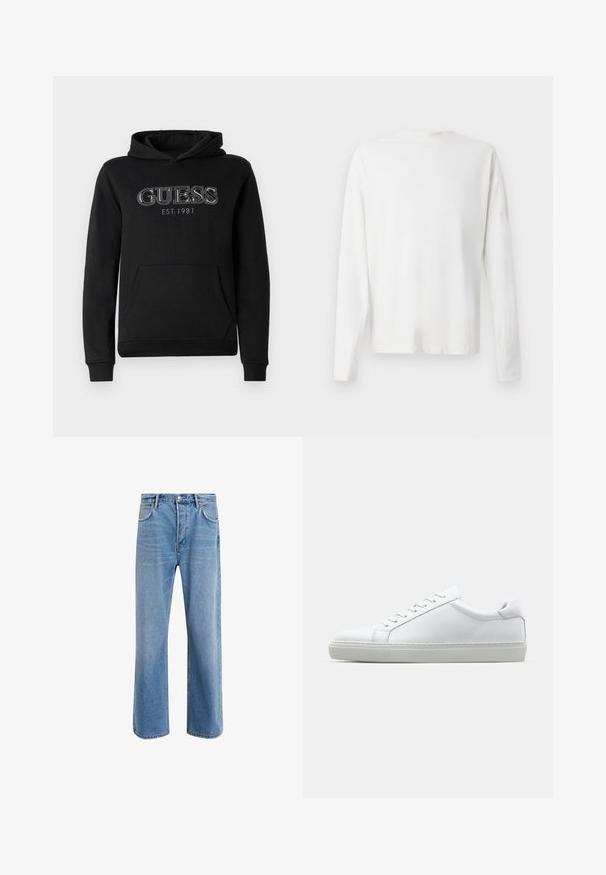 Černá mikina GUESS s kapsou vpředu, kapucí a bílým vyšitým logem "GUESS EST. 1981" na prsou.; Bílá bavlněná košile s dlouhým rukávem a kulatým výstřihem, s bočními rozparky na spodní části a hladkým povrchem, vystavená zezadu.; Světle modré džínové kalhoty s rovnými nohavicemi, pěti kapsami, zapínáním na knoflík, minimálním vyblednutím a kontrastním prošitím.; Bílé tenisky s hladkým koženým svrškem a nízkým profilem. Mají zaoblenou špičku, šest nýtů a texturovanou gumovou podrážku.