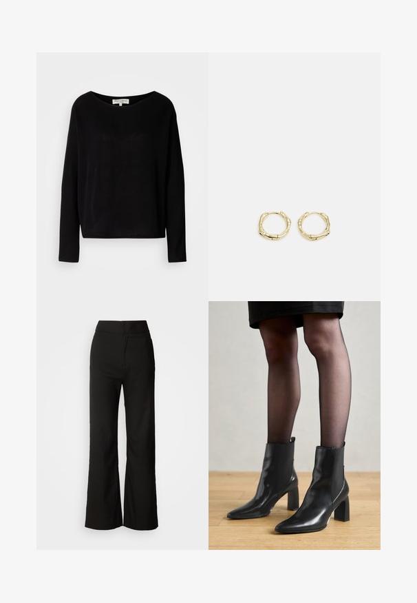 Schwarzes langärmliges Shirt aus weichem Material, mit weitem Rundausschnitt und lockerer Passform, ohne sichtbare Muster oder Beschläge.; Schwarze weit geschnittene Hosen mit glatter Textur, hoher Taille und klarem Design. Keine sichtbaren Taschen oder Verzierungen.; Schwarze Leder-Ankle-Boots mit spitzer Zehenform, klobigem quadratischem Absatz und schlankem Design. Verfügt über elastische seitliche Einsätze für leichtes An- und Ausziehen.; Goldene Creolen mit einer strukturierten, unregelmäßigen Form. Sie verfügen über einen nahtlosen Verschluss und eine polierte Oberflächenbehandlung, die ein modernes Design betont.