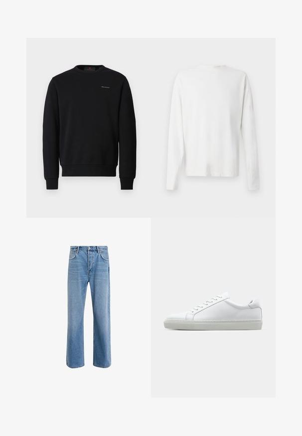 Mustmust mustka, millel on ümar kaelus, pikad varrukad, soonikkoes varrukate ja serva juures ning rinnal väike valge "BELSTAFF" logo.; Pikad varrukad, valge puuvillane särk ümmarguse kaelusega, külgedel lõhikud all ja sile tekstuur, nähtav tagant.; Heledad sinine teksapüksid otse lõikega, viie taskuga, nupuga sulgemine, minimaalne kulumine ja kontrastsed õmbluse detailid.; Valge tennisetoss, millel on sile nahk pealis ja madal profiil. Omab ümarat ninaosa, kuut silmust ja tekstuuriga kummist talda.