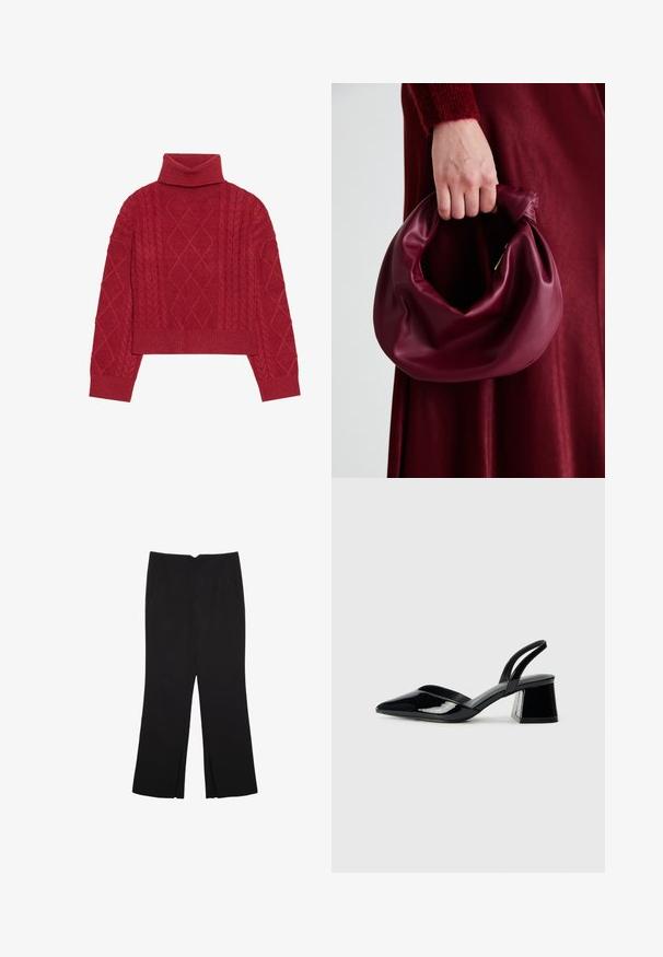 Pull en tricot rouge avec un col roulé haut, un motif en tricot câblé avec des motifs en losange, et des poignets et un ourlet côtelés.; Pantalon noir avec une coupe droite, doté de poches avant et d'éclairs sur l'ourlet. Fabriqué en tissu doux et lisse. Convient à diverses occasions.; Escarpins en cuir verni noir avec bout pointu et talon bloc géométrique. Présente un design élégant et minimaliste ainsi qu'une texture lisse.; Sac à main en cuir bordeaux au design doux et froncé, avec une forme arrondie. La poignée est fixée, mettant en valeur une texture lisse.