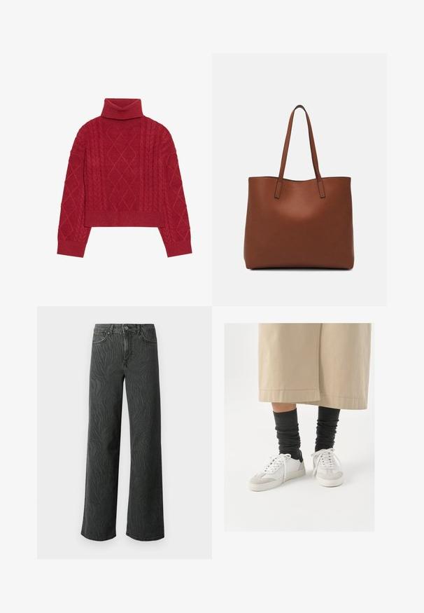 Pull en tricot rouge avec un col roulé haut, un motif en tricot câblé avec des motifs en losange, et des poignets et un ourlet côtelés.; Jeans évasés en denim gris foncé, présentant une texture subtile à motif zèbre, des coutures contrastées, et un design à cinq poches avec un zip à bouton.; Baskets blanches et grises avec un accent noir au talon, dotées d'un dessus en cuir lisse et d'un bout en suède texturé. Portées avec des chaussettes slouchy gris foncé.; Sac fourre-tout en cuir marron avec une texture lisse, design à ouverture supérieure et deux poignées pour le porter à l'épaule. Présente des coutures minimales et aucun matériel visible.