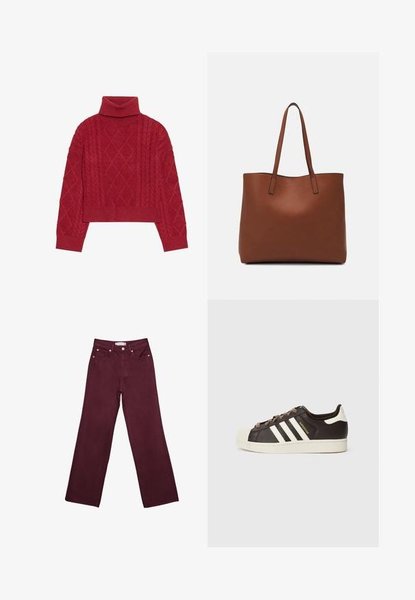 Punainen neulepusero, jossa on korkea korkkiruuvikaulus, kabelineulekuvio, jossa on timanttimaisia kuvioita, sekä ribbaatut hihat ja helma.; Burgundy korkeavyötäröiset farkut suoranlahkeisella designilla, joissa on etutaskut, nappisuljenta ja kuparinvärisiä varusteita.; Matala Adidas Superstar -tennari tummanruskeasta nahasta, jossa on kermahtava kuorikärki, valkoiset raidat ja "Superstar"-teksti sivussa.; Ruskea nahkainen olkalaukku, jossa on sileä pinta, avoin yläosa ja kaksi olkahihnaa. Omaavat vain minimaalisen ompelun eikä näkyvää metalliosaa.