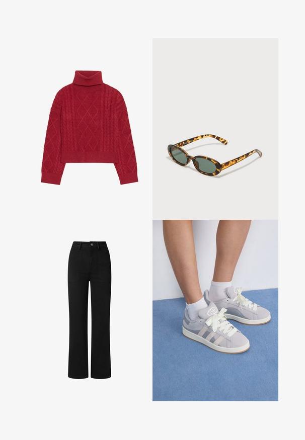 Pull en tricot rouge avec un col roulé haut, un motif en tricot câblé avec des motifs en losange, et des poignets et un ourlet côtelés.; Pantalons noirs taille haute avec une coupe droite, en tissu en coton lisse. Dotés de poches avant et d'une simple fermeture à bouton en métal.; Baskets en suède gris avec des lacets blancs et une semelle en caoutchouc, présentant trois stripes diagonales sur le côté et une étiquette logo sur la languette.; Lunettes de soleil écaille de tortue avec des montures ovales, des verres vert foncé et des branches fines. Présente un logo discret sur la branche.