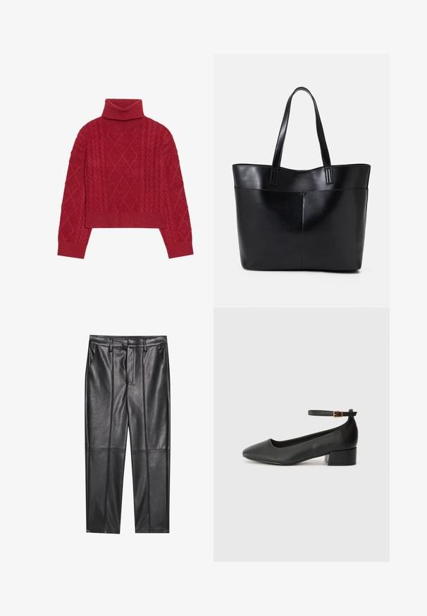 Suéter vermelho de malha, com gola alta tipo turtleneck, design de ponto de cabos com padrões em diamante e punhos e fundo canelados.; Calças de pele preta com uma textura suave, apresentando um ajuste reto, dois bolsos frontais e detalhes de costura visíveis.; Sandal de pele preta com bico pontiagudo e um salto bloco baixo. Apresenta uma tira no tornozelo com uma fivela em tom dourado. Textura suave.; Bolsa tote preta em couro com duas alças longas, textura suave e forma estruturada. Apresenta um bolso frontal para armazenamento adicional.