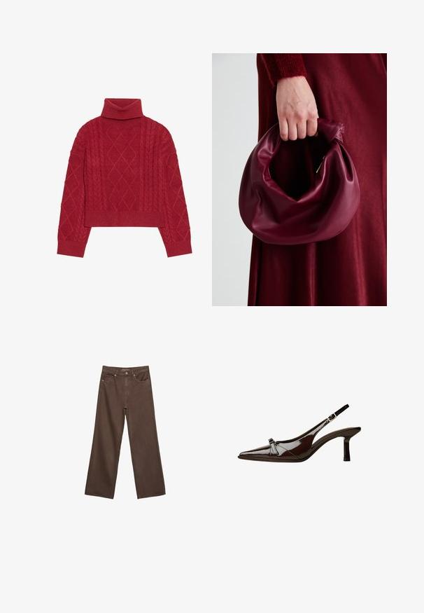 Rode gebreide trui met een hoge col, kabelbrei-design met diamantpatronen en geribbelde manchetten en zoom.; Brede bruine spijkerbroek van denim, met een hoge taille, voorzakken en een klassieke knoopsluiting. Soepele textuur met subtiele stiksels.; Bruine gepatineerde leren slingback schoen met een spitse neus, lage hak en een decoratieve strikaccent aan de voorkant. Glad, glanzend oppervlak.; Bordeaux leren handtas met een zacht, gegathered ontwerp en een ronde vorm. De handgreep is stevig bevestigd en toont een gladde textuur.