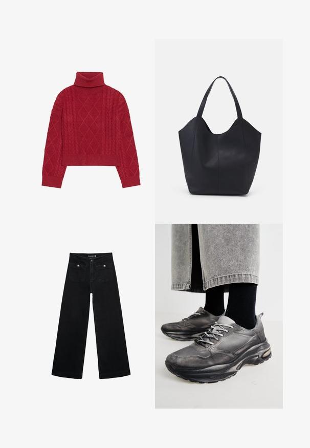 Roter Strickpullover mit hohem Rollkragen, Zopfmusterdesign mit Rautenmuster und elastischen Bündchen und Saum.; Schwarze, weit geschnittene Jeans mit hoher Taille, die zwei Fronttaschen und metallene Knopfakzente aufweist. Der Stoff hat eine glatte Textur.; Schwarze und graue Sportschuhe verfügen über ein Obermaterial aus Mesh, dicke Sohlen und Schnürsenkel. Sie haben eine abgerundete Zehenpartie und sichtbare Dämpfungsdetails.; Schwarze Tote-Bag aus glattem Leder, mit einem abgerundeten, offenen Oberteil, zwei Schulterträgern und einem minimalistischen Design.