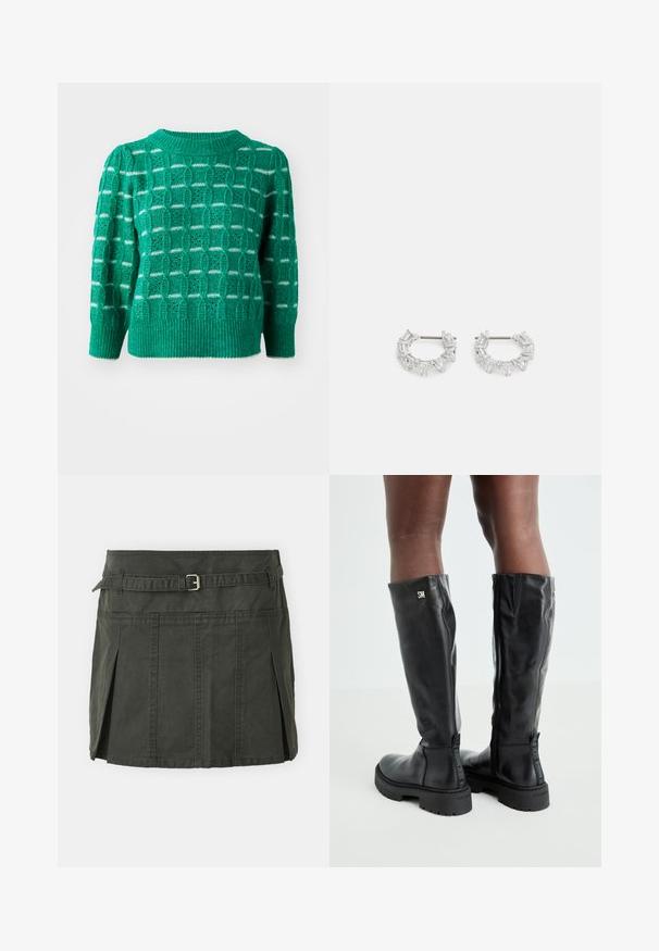 Zeleni pleteni pulover s otvorenom geometrijskom uzorkom, lišćem na dekolteu i rubovima te napučenim rukavima. Prugasti detalji u bijeloj boji.; Tamnozelena pamučna mini suknja s uskim strukom, remenom i prednjim plisama. Sadrži detalje šivanja i klasičan kroj.; Crne kožne čizme do koljena s glatkom teksturom, okruglim vrhom, debelim potplatom i zatvaranjem na patentni zatvarač. Sadrže srebrni logo sa strane.; Srebrne naušnice s okruglom petljom koje sadrže prozirne, pravokutne i trokutaste kristale raspoređene u uzorak. Kopče za sigurno pričvršćivanje.
