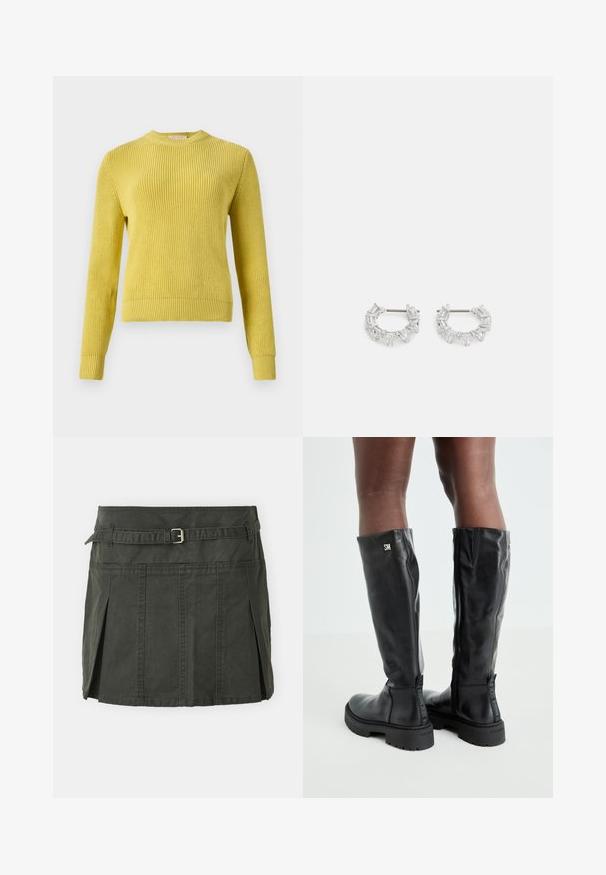 Strikket gul genser med rund hals, lange ermer, ribbestrikkede mansjetter og nederkant. Strukturerte mønstre over hele kroppen. Egnet for lag-på-lag.; Mørkegrønn, bomulls miniskjørt med en tettsittende midje, belte og frontfolder. Har sømdetaljer og en klassisk snitt.; Svart knelengde lærstøvler med en glatt tekstur, avrundet tå, kraftig såle og glidelås. Har sølvfarget logo på siden.; Sølv hoops øredobber med klare, rektangulære og trekantede krystaller arrangert i et mønsterdesign. Stifter for sikker feste.